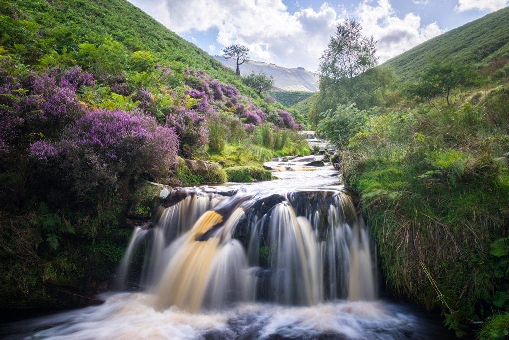 Fair Brook Waterfall surrounded by heather