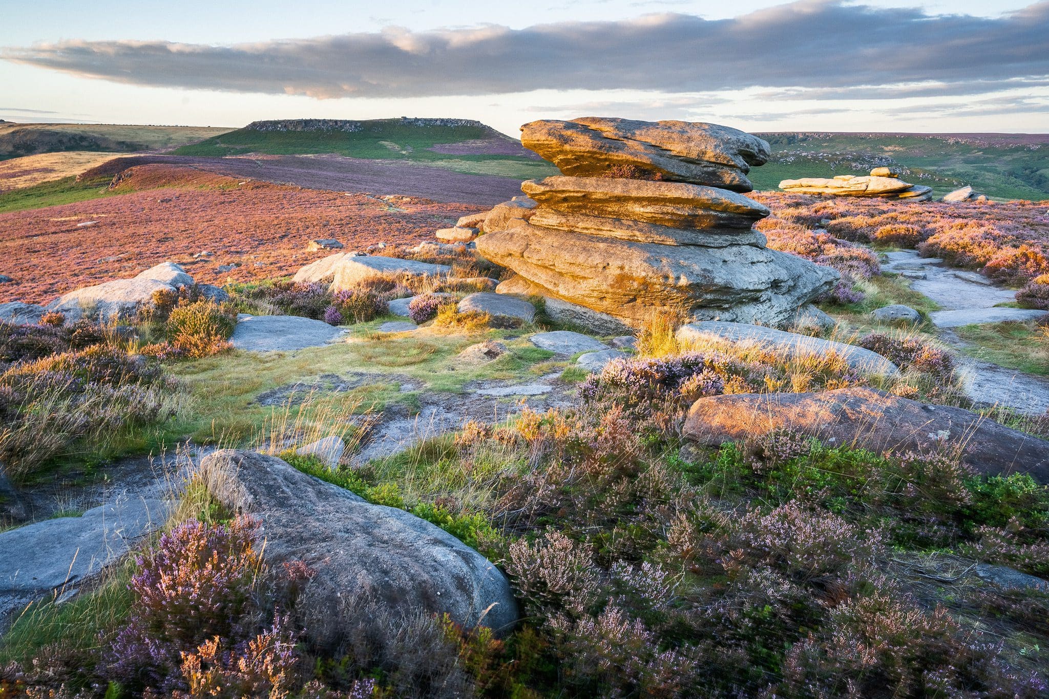 Over Owler Tor to Higger Tor Sunset - Peak District Photography Heather Workshop