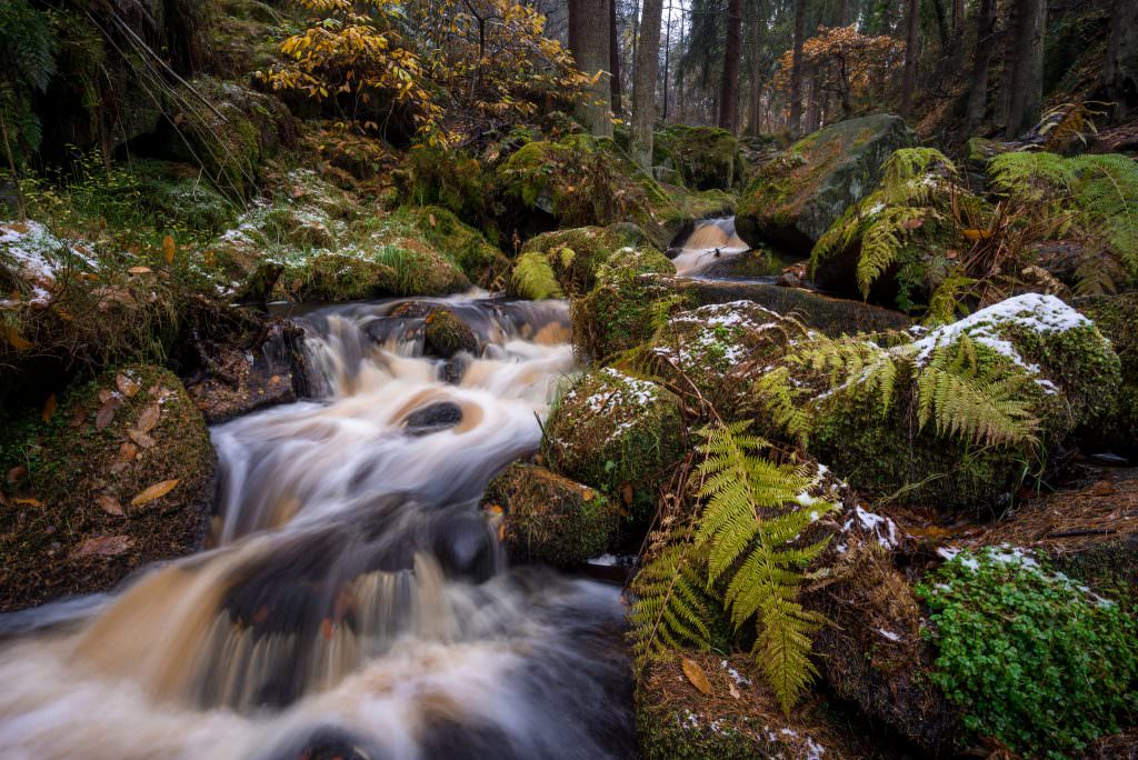 Wyming Brook Autumn Waterfall with Snow