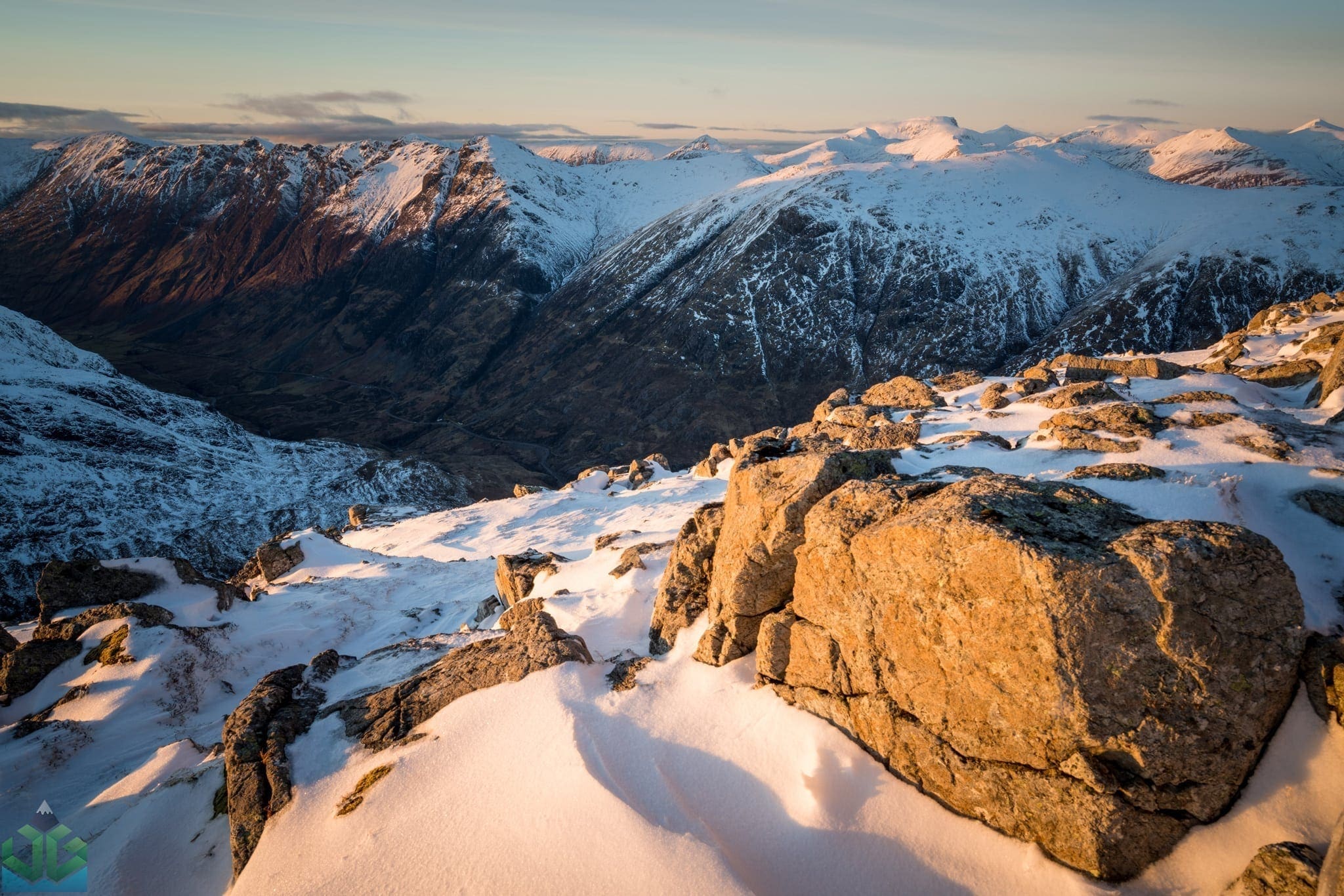 Stob Coire Raineach Winter Sunset looking over towards Aanoch Eagach