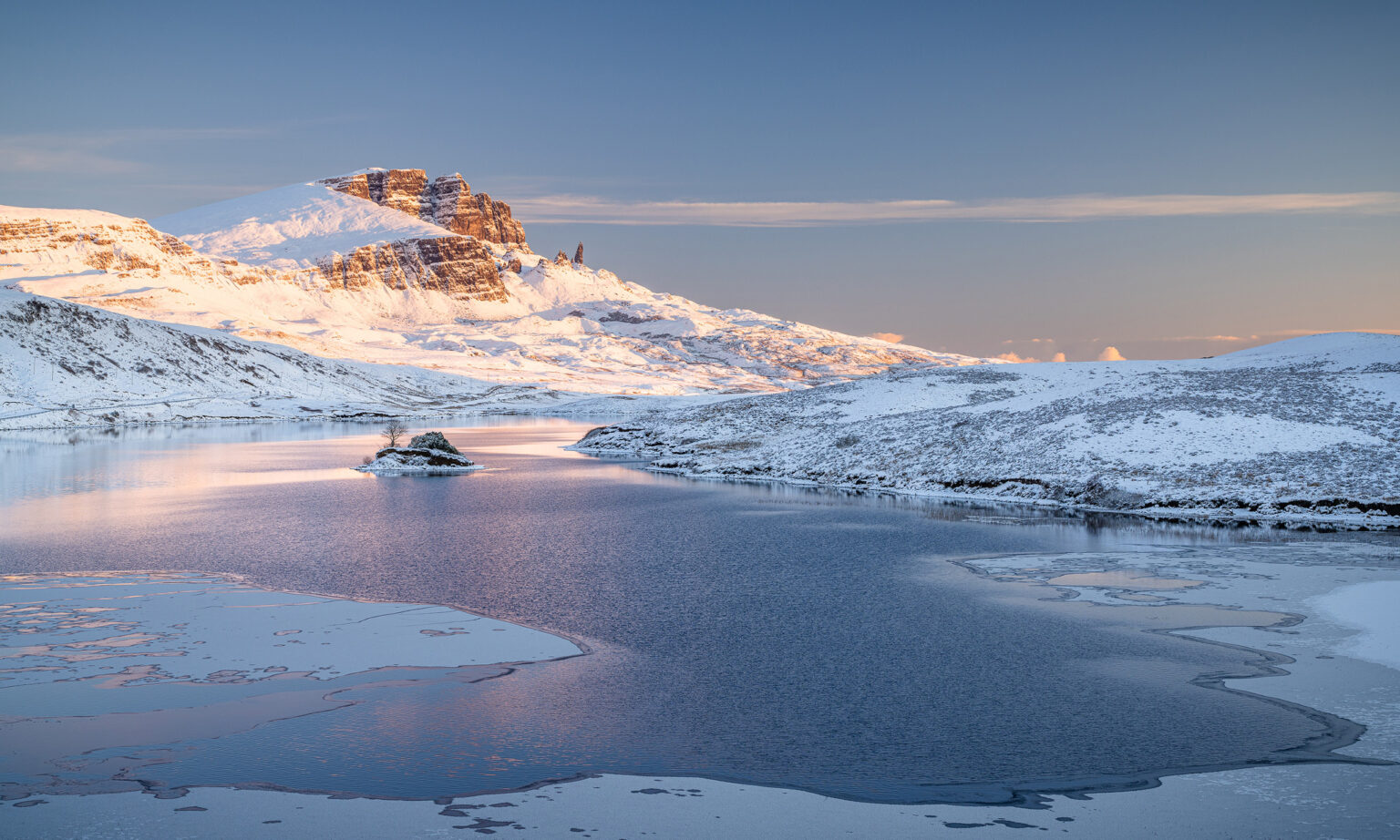 A frozen winters Loch Fada Sunrise looking to the Old Man of Storr - Isle of Skye Photography Workshop Tour