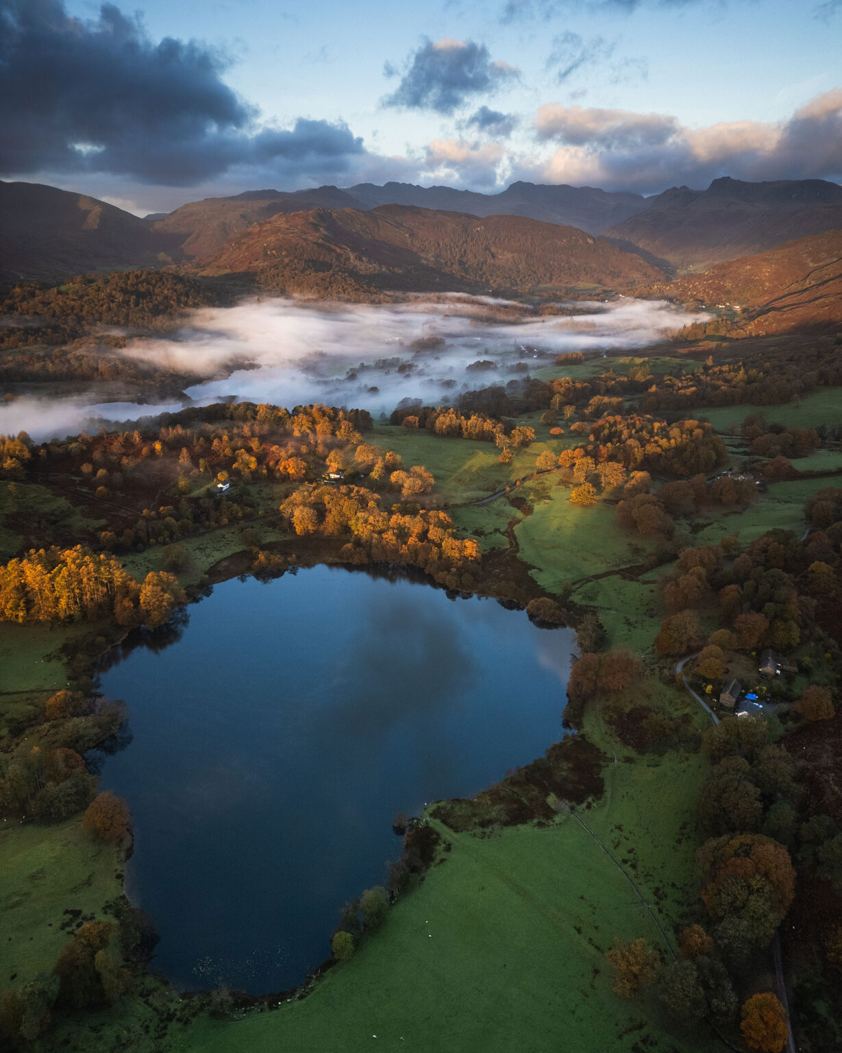 Loughrigg Tarn Aerial Sunrise Portrait - Lake District Photography Loughrigg Tarn Aerial Sunrise Portrait - Lake District Photography